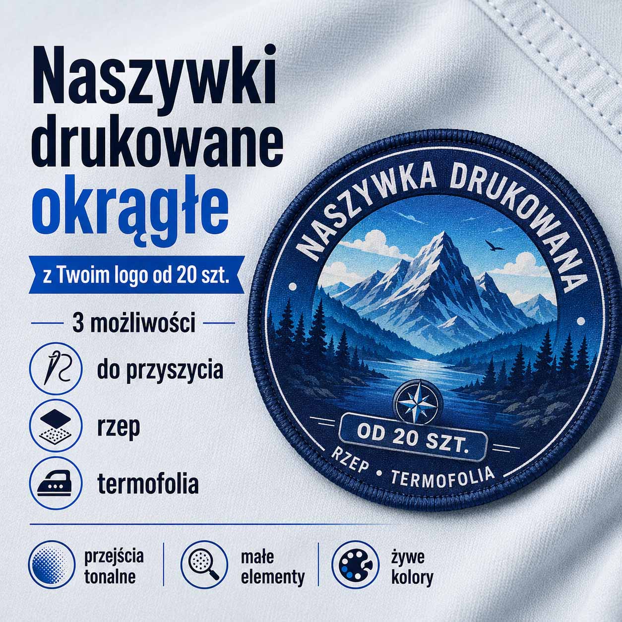 Okrągła naszywka drukowana DTF z haftowaną ramką i logo firmy